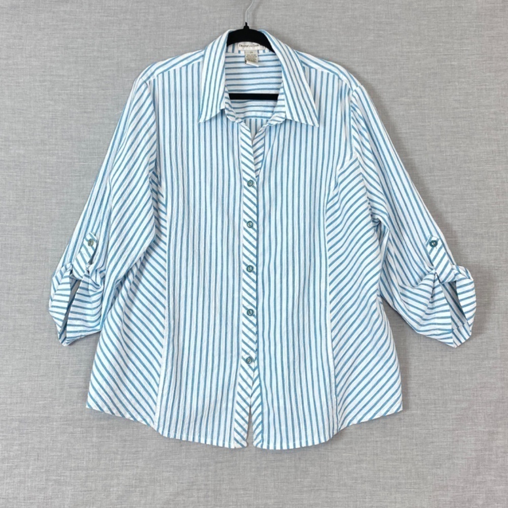 Drapers & Damon Top Womens 2X Button Up Roll Tab Sleeves Striped Blue Textured
